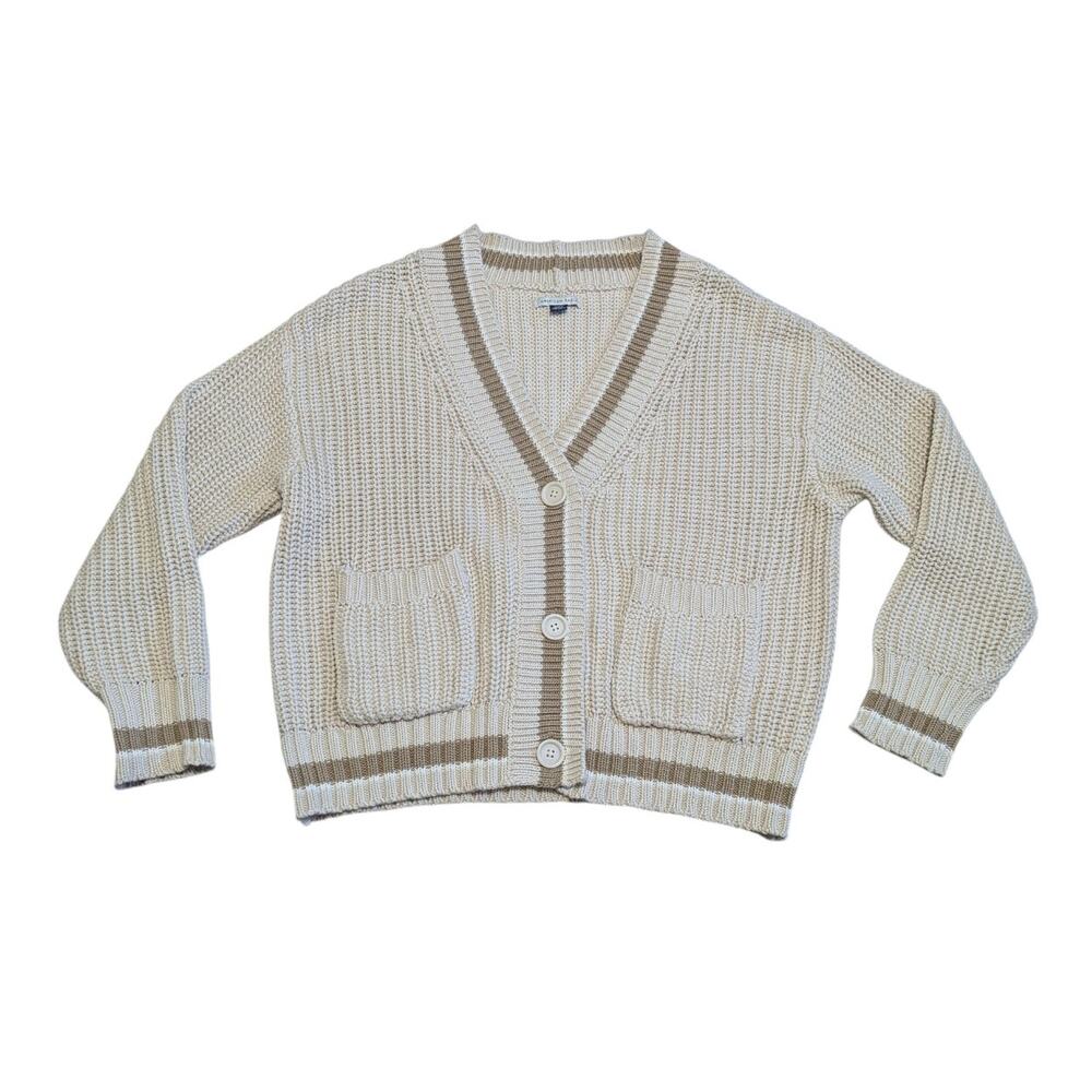 American Eagle AE Tipped Button-Up Cardigan Sweater Chunky Knit Cream Preppy Tan